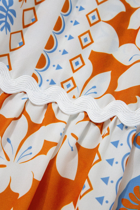 Orange Multi Printed Ricrac Trim Spaghetti Straps Maxi Dress